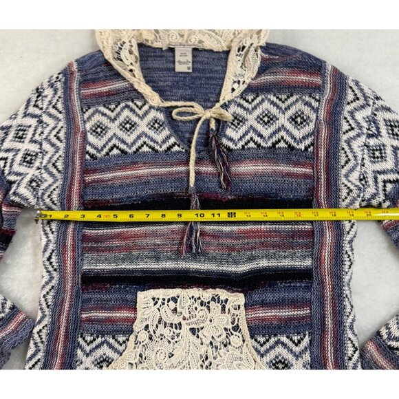 American Rag M Crochet Trim Boho Hoodie Sweater Multicolor Cotton Blend Indie - Picture 8 of 12